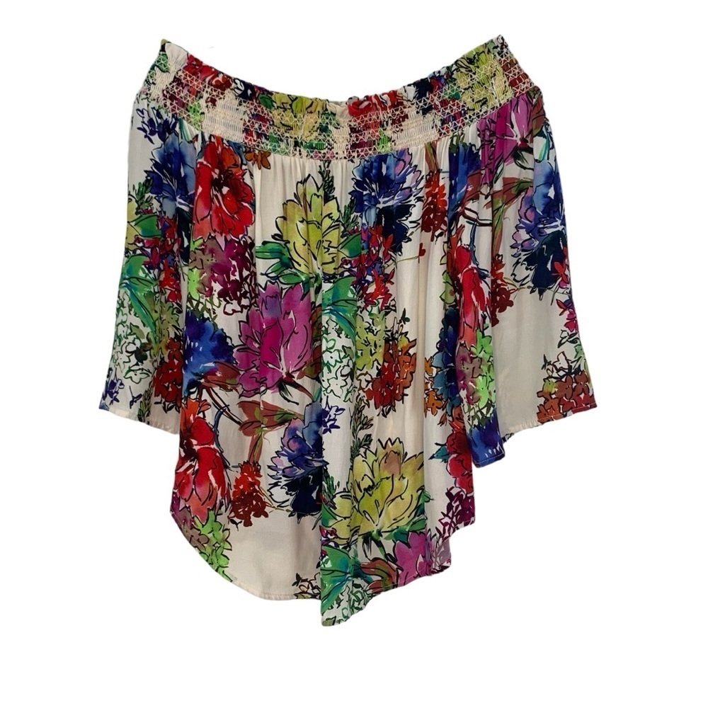 Karen Kane flowy multi‎ color floral print smocked off shoulder top. Size M